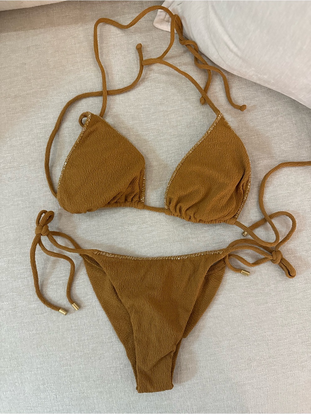 Textured Triangle String Bikini - Rust Brown